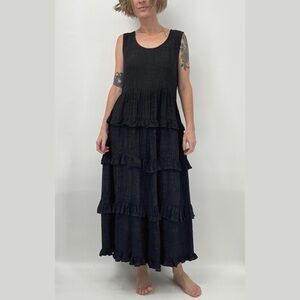 Vintage Bila Maxi Dress Women’s S Tiered Oversized Black Damask Jacquard Boho